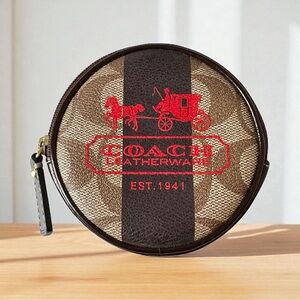 Coach Khaki Brown & Red Horse & Carriage Round Tattersall Coin Pouch